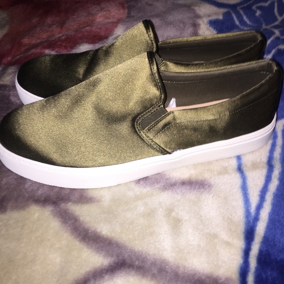 Olive green satin Charlotte sneakers slip on - Picture 2 of 3